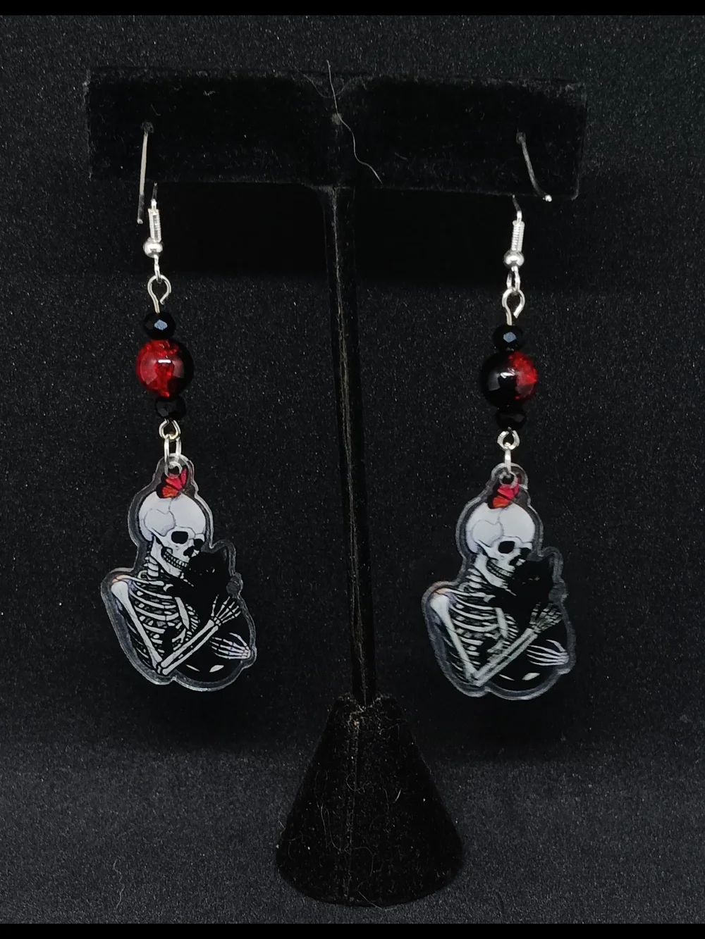 Skeleton & Cat Dangle Earrings - Red and Black